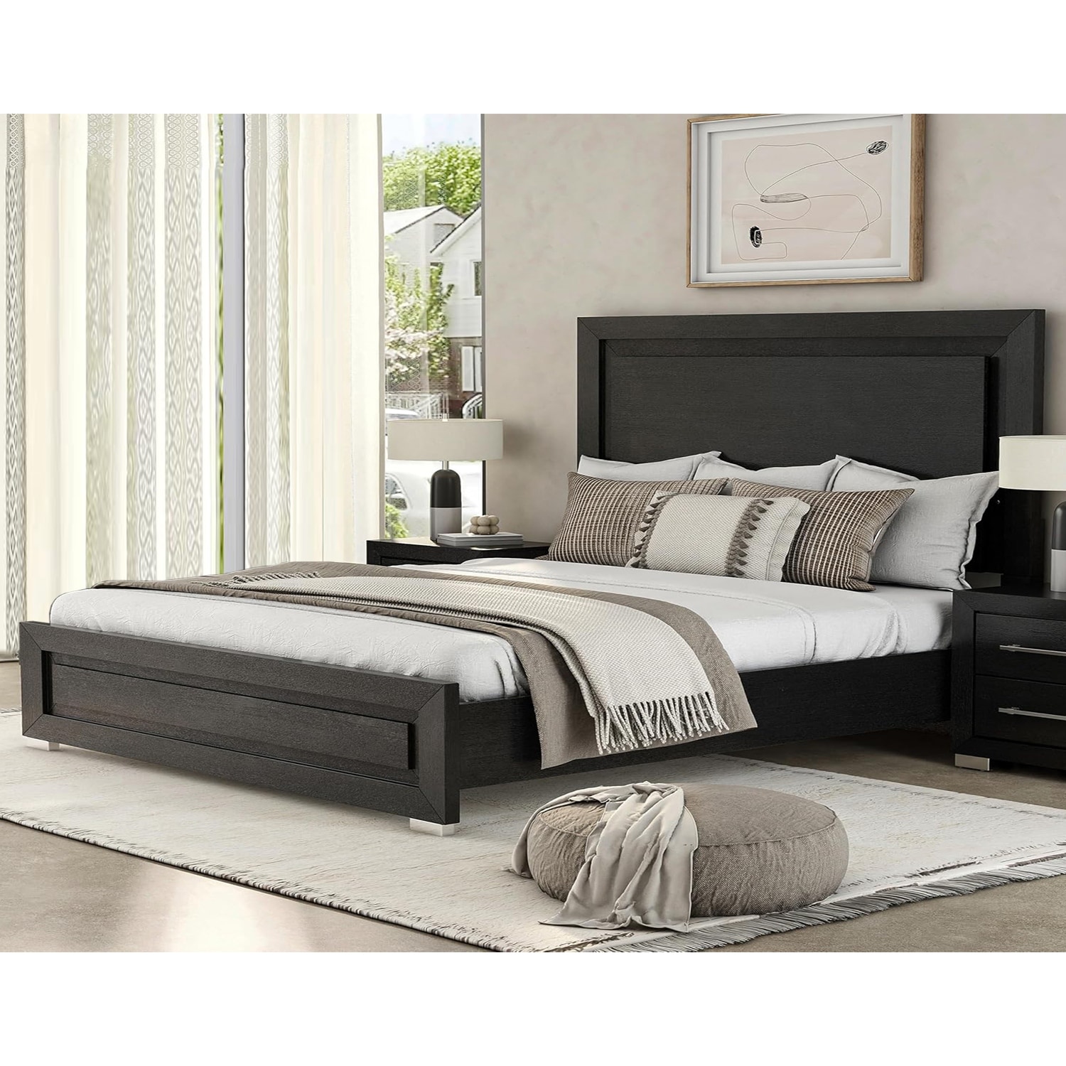 Wooden Bed with LED Headboard in Black