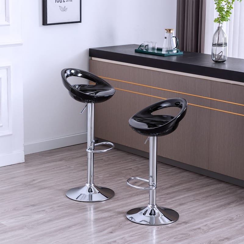 Glossy Low-Back Adjustable 24"-32" H Swivel ABS Bar Stools - Set of 2 - Black