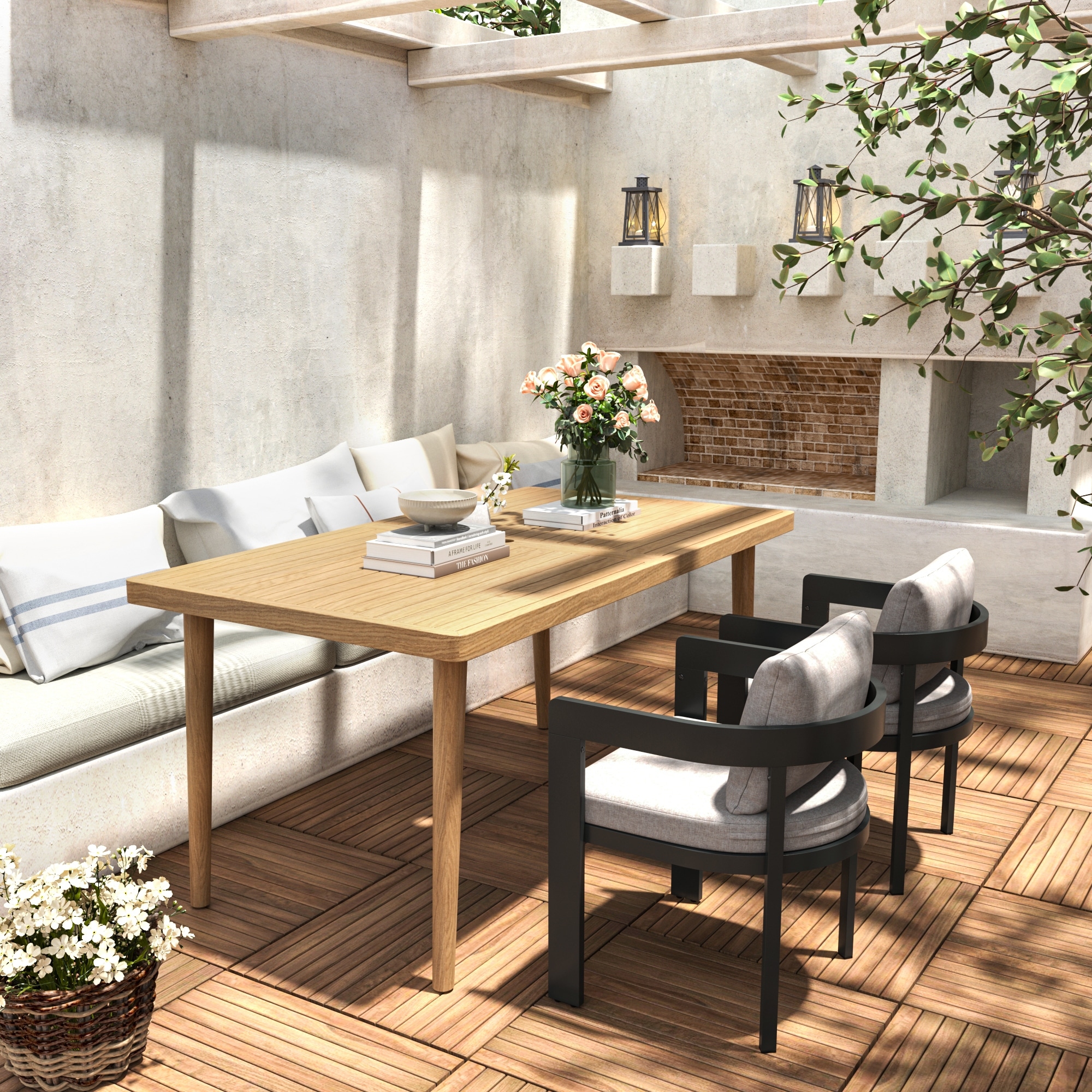 Roomfitters 3-Piece Outdoor Dining Set, Modern Patio Furniture, Acacia Wood Table & 2 Chairs with Cushions