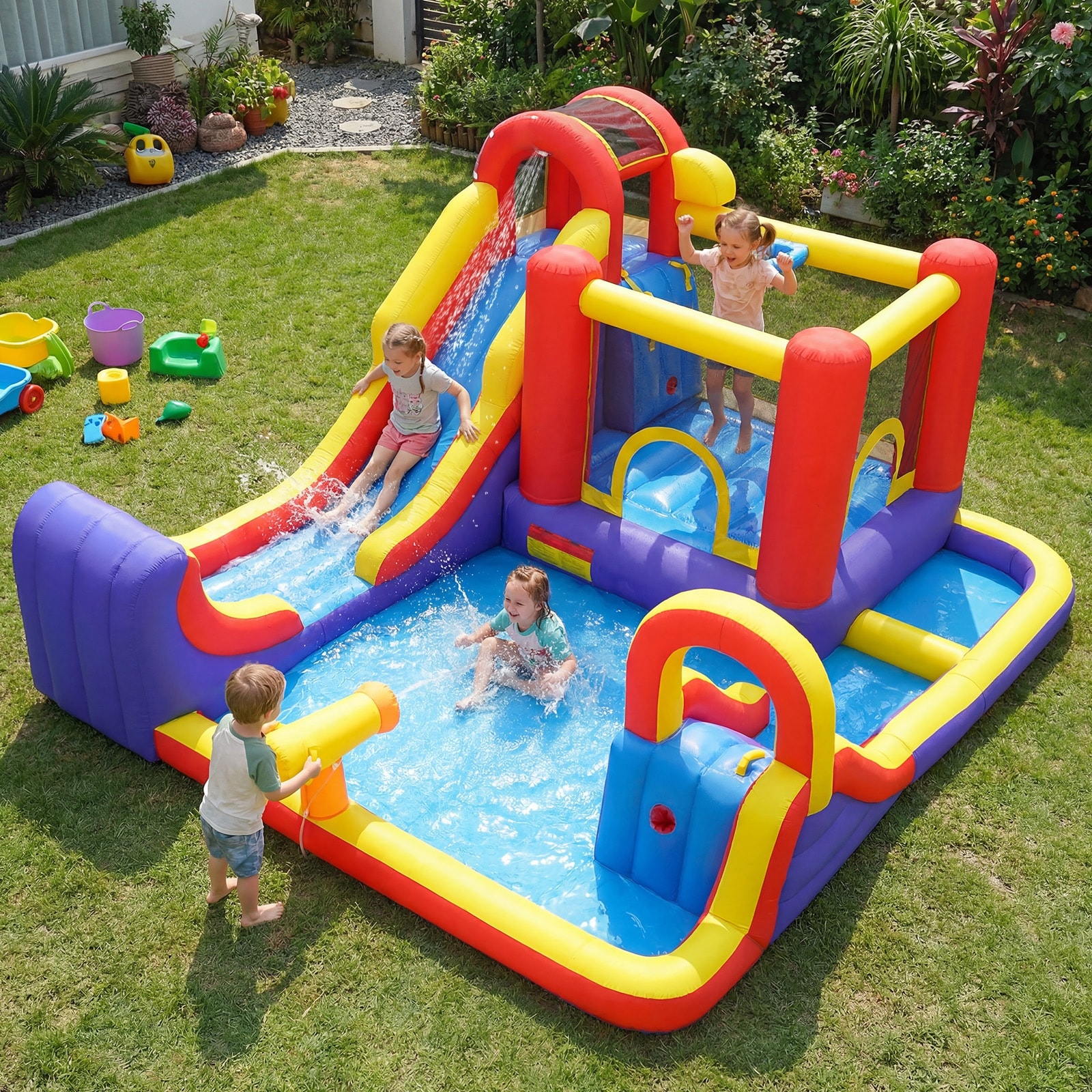 Gymax Inflatable Water Slide 7-in-1 Outdoor Bounce House w/ Dual