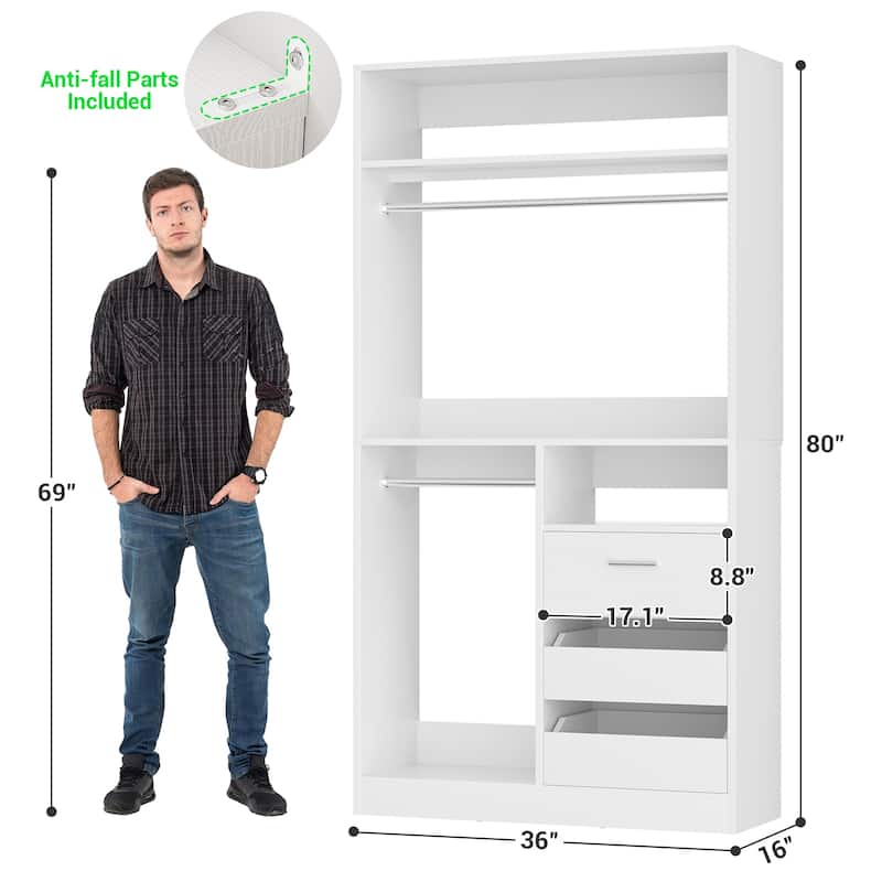 36'' W Freestanding Walk-in Closet Organizer System with 2 Hanging Rods and 3 Wood Drawers