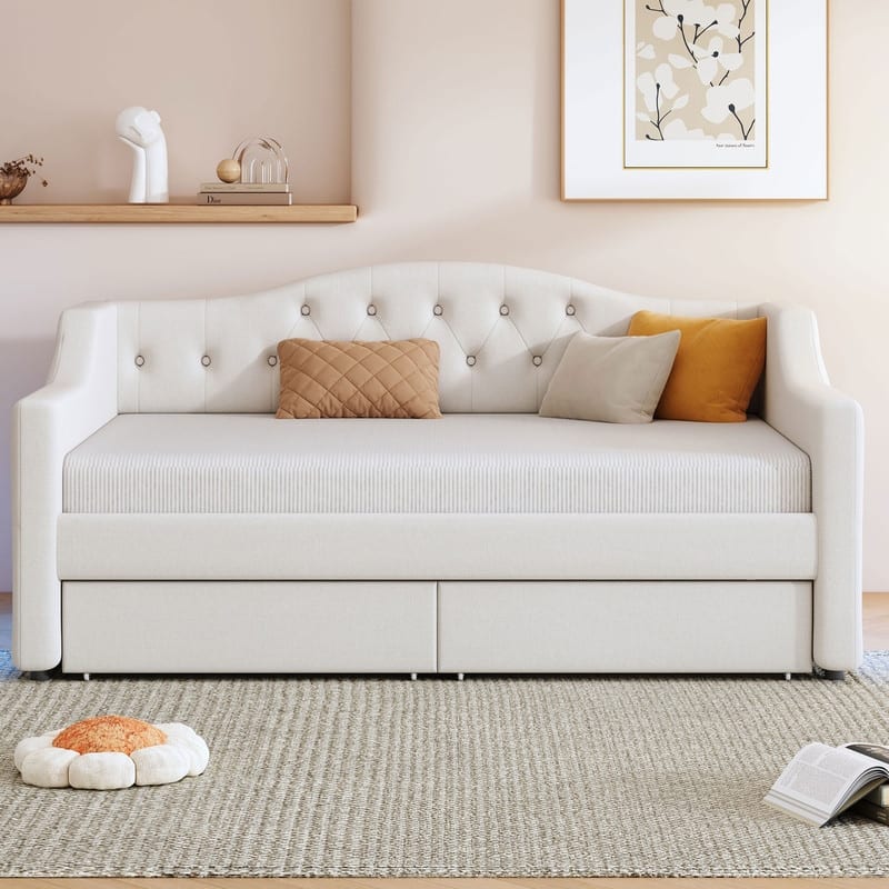 Twin XL Size Upholstered Daybed with LED Belt and 2 Drawers