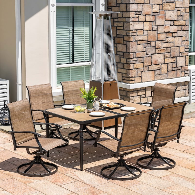 Patio Rectangle Dining Table with Umbrella Hole, Wood-Grain Tabletop