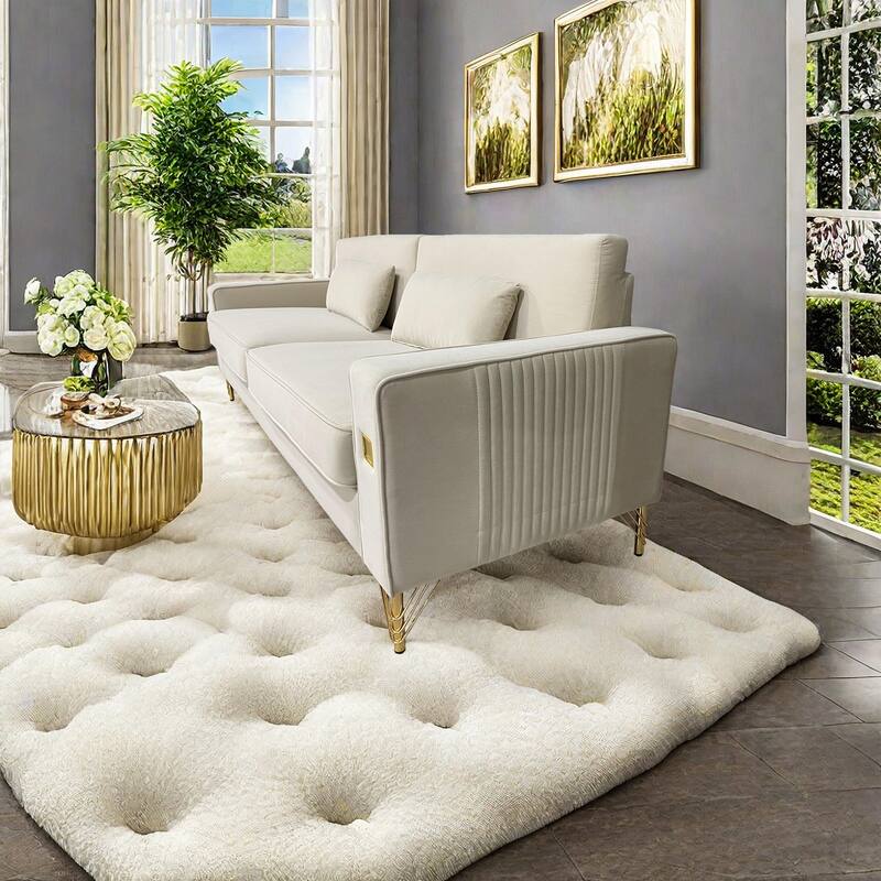 Modern 85.63" Velvet 3-seater Sofa with Gold Accents and Plush Cushions for Living Room