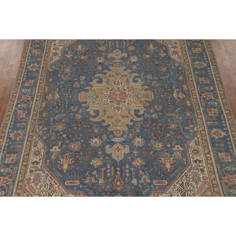 Blue Tabriz Vintage Persian Rug Handmade Wool Carpet - 9'10" x 12'9"