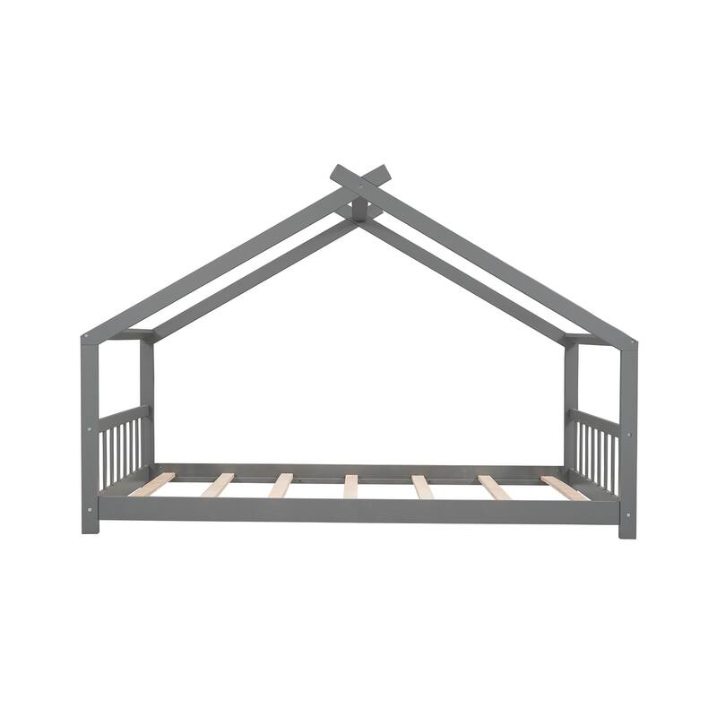 Full Size House Bed with Roof and Sturdy Pinewood Frame, No Box Spring Needed