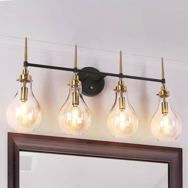 Synia Modern Glam 4-Light Bathroom Vanity Lights Globe Wall Sconce Lamp - L 28.3" x W 7.1" x H 14.5" - L 28.3" x W 7.1" x H 14.5" - Black & Gold