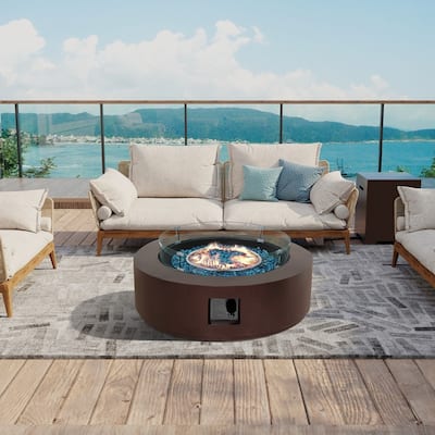 Patio Watcher 42-in W 50000-BTU Round Iron Fire Pit Table with Glass Wind Guard and Propane Tank Cover
