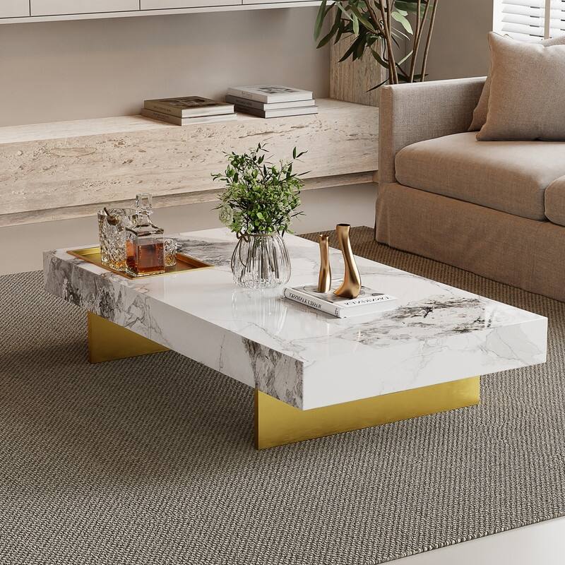 51" Modern Rectangular Coffee Table, Glossy Sintered Stone Table for Livingroom
