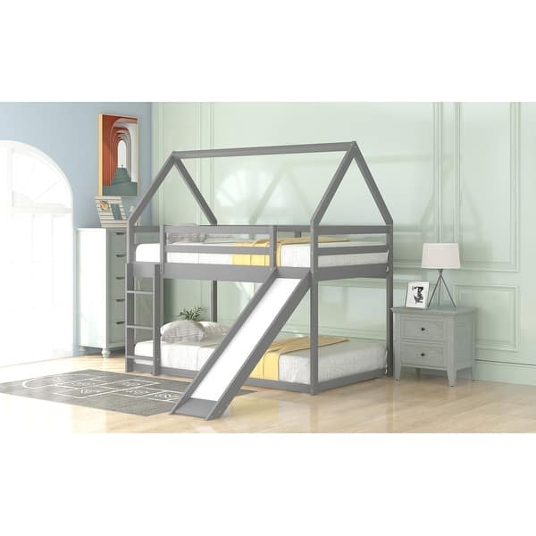slide 2 of 13, Twin Size Wood Bunk Bed,House-Shaped Frame with Slide and Ladder Gray