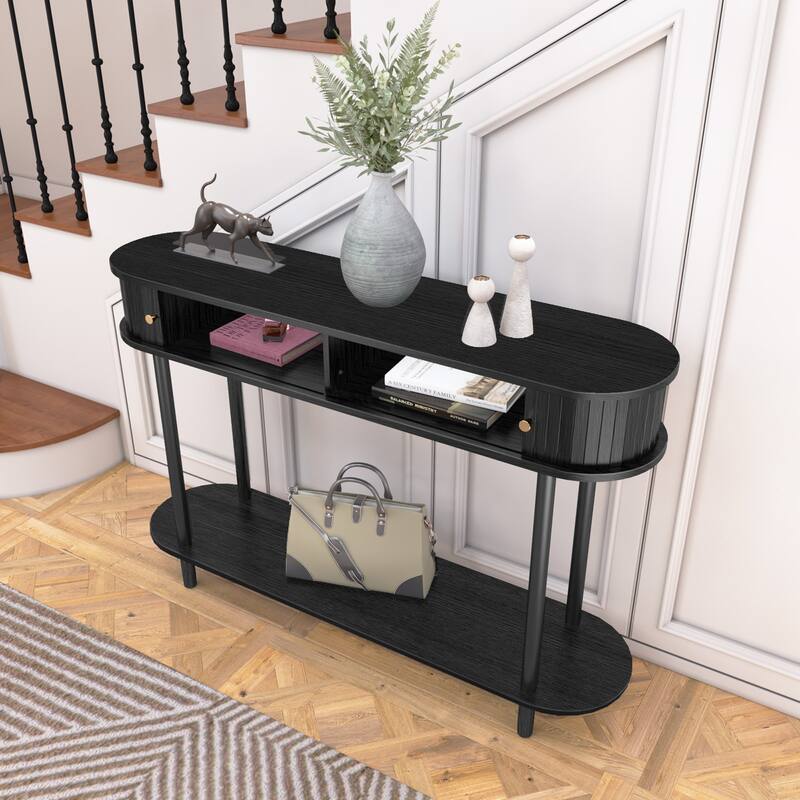 Modern Console Table with Wood Tambour Door - Black