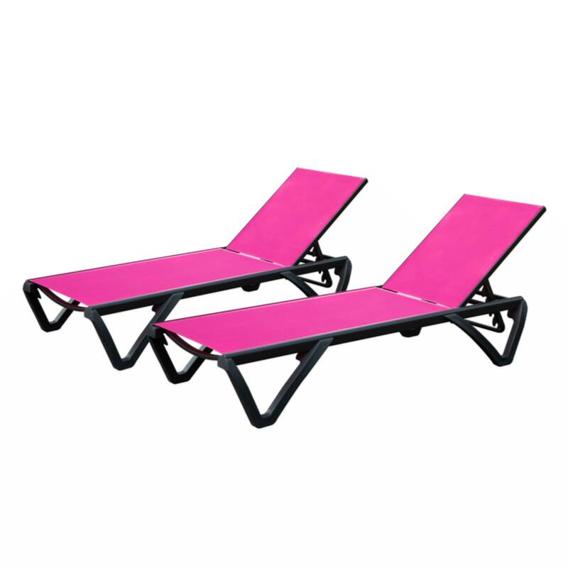 2 Pieces Aluminum Plastic Patio Chaise Lounge with 5 Position Adjustable Backrest and Wheels - Rose Red