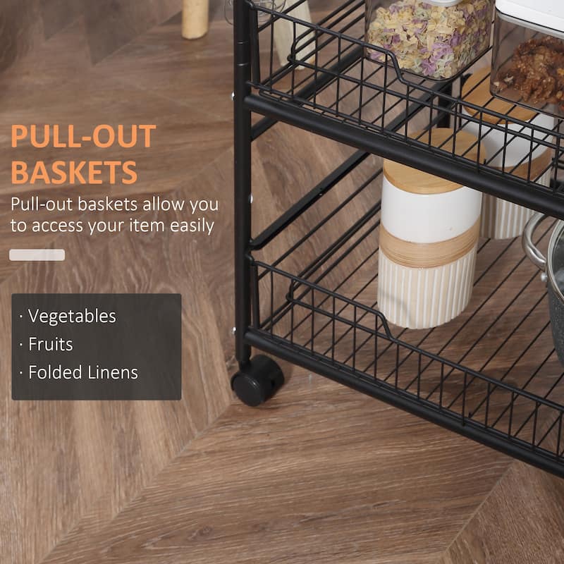HOMCOM 24" 3-Tier Rolling Kitchen Cart, Utility Storage Trolley with 2 Basket Drawers, Side Hooks for Dining Room