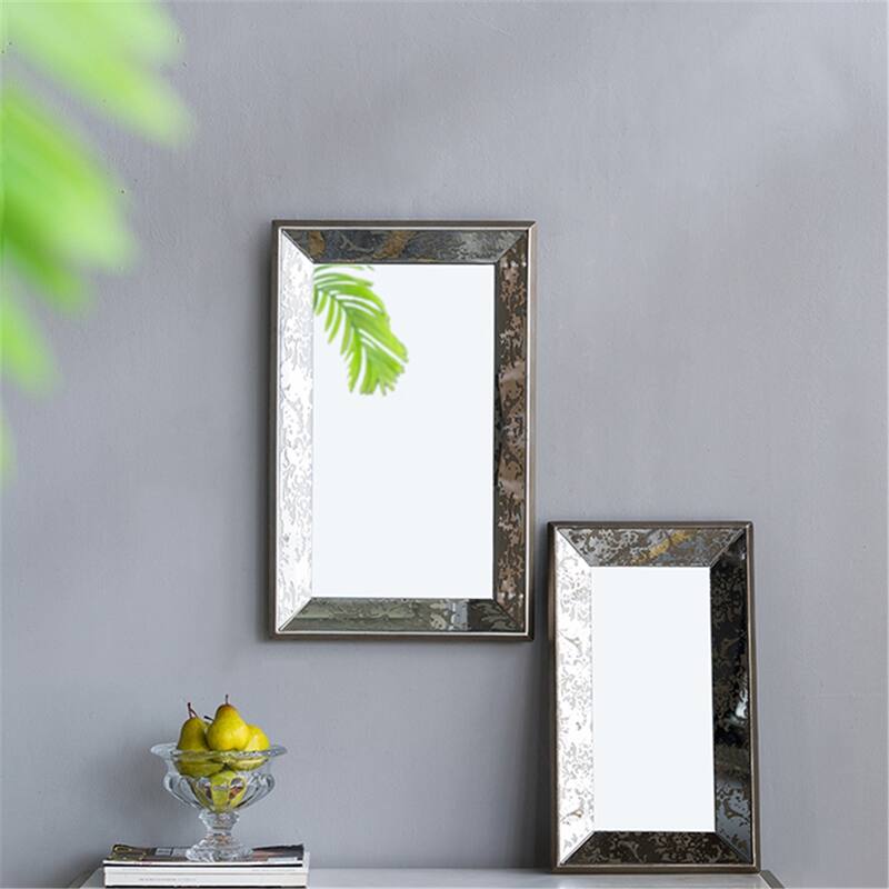 Antique Silver Rectangle Mirror w/Floral Accents,Mirrored Display Tray - Silver