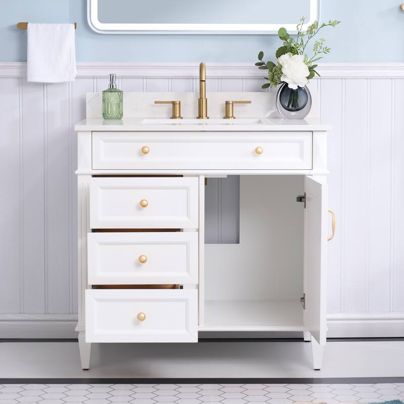 35''H Solid Wood Bath Vanity With Carrera White Quartz Top and Sink