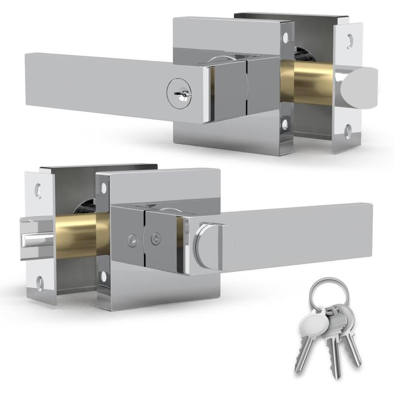 Mega Handles ROBELL Modern Square Entry Door Lever Lock Set | Fits All Standard Spaces | Bedroom Door Lock | Reversible Handle - Polished Chrome