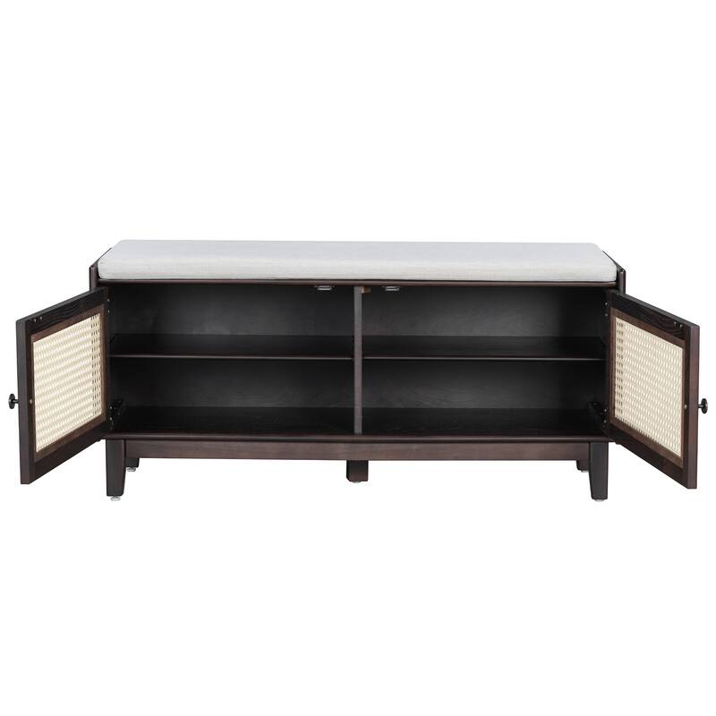 Boho Rattan Shoe Storage with Washable Cushion & Adjustable Shelves by Harper&Bright Designs