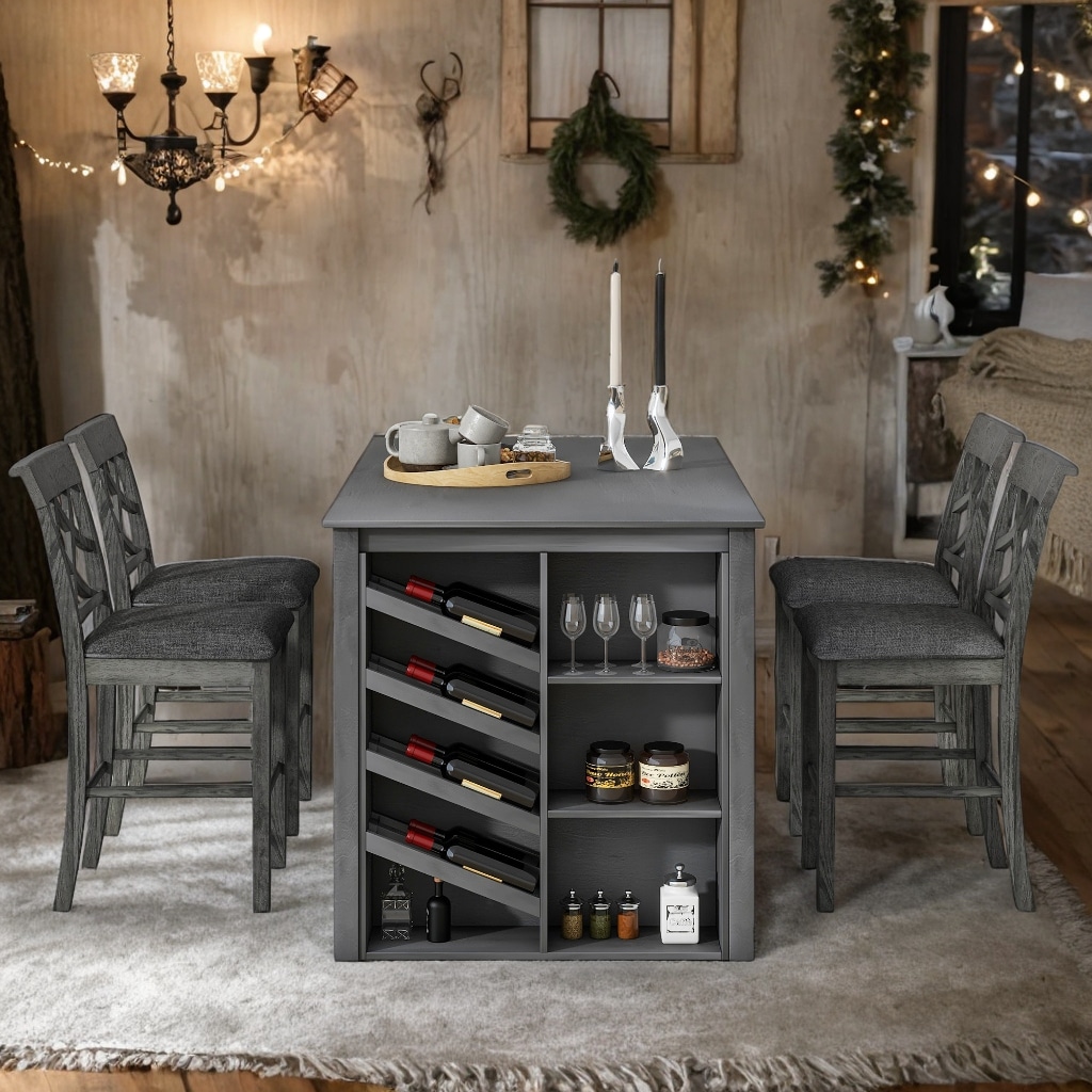 VANTOUL 5 Piece Counter Height Dining Table Set with Curved Wine Rack and 4 Upholstered Chairs Grey