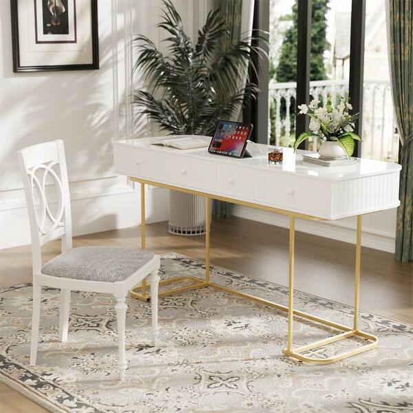 dressing table curved design Luxury Modern Curve Vanity Table with Round Mirror Marble Top Beige Velvet  Stool - Luxury Modern Vanity, Marble Top Vanity