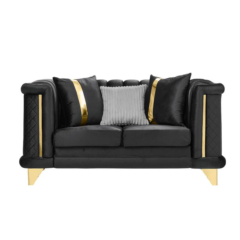 69" Velvet Luxury Loveseat,Mid-Century Modern Sofa with Gold Stainless Steel Trims, Tufted Back and 3 Premium Pillows