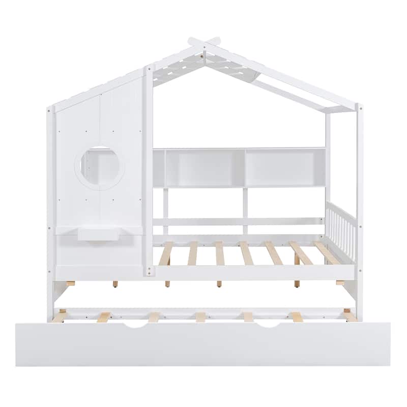 Modern Wooden House Bed with Trundle & Storage for Kids