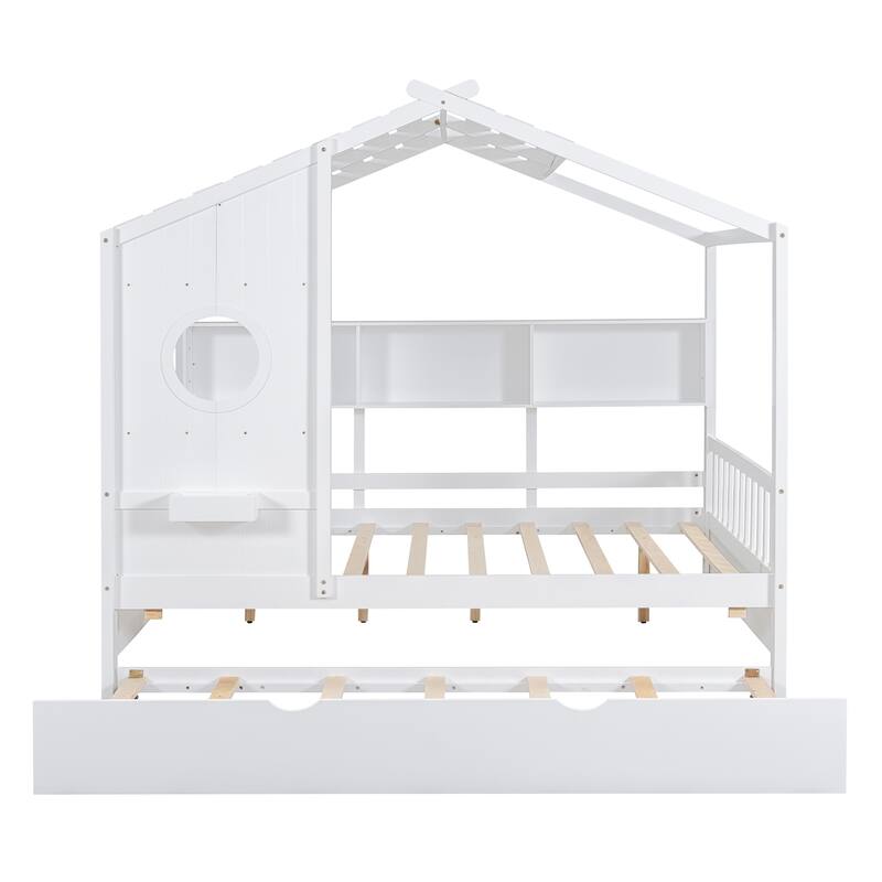 Wooden Platform Bed with Trundle & Storage Shelf