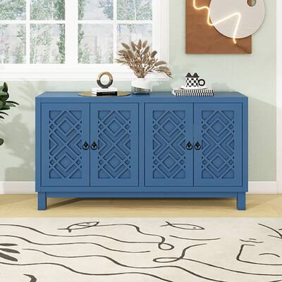 4-Door Buffet Cabinet with Metal Pull Ring Handles，Navy Sideboard