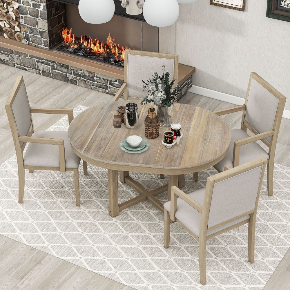 Abrihome 5 Piece Dining Table Set Two Size Round To Oval Extendable Butterfly Leaf Wood Dining Table