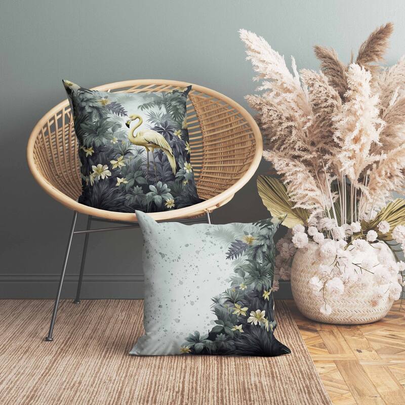Tropical Flamingo Haven Indoor/Outdoor Reversible Throw Pillow Green and Yellow