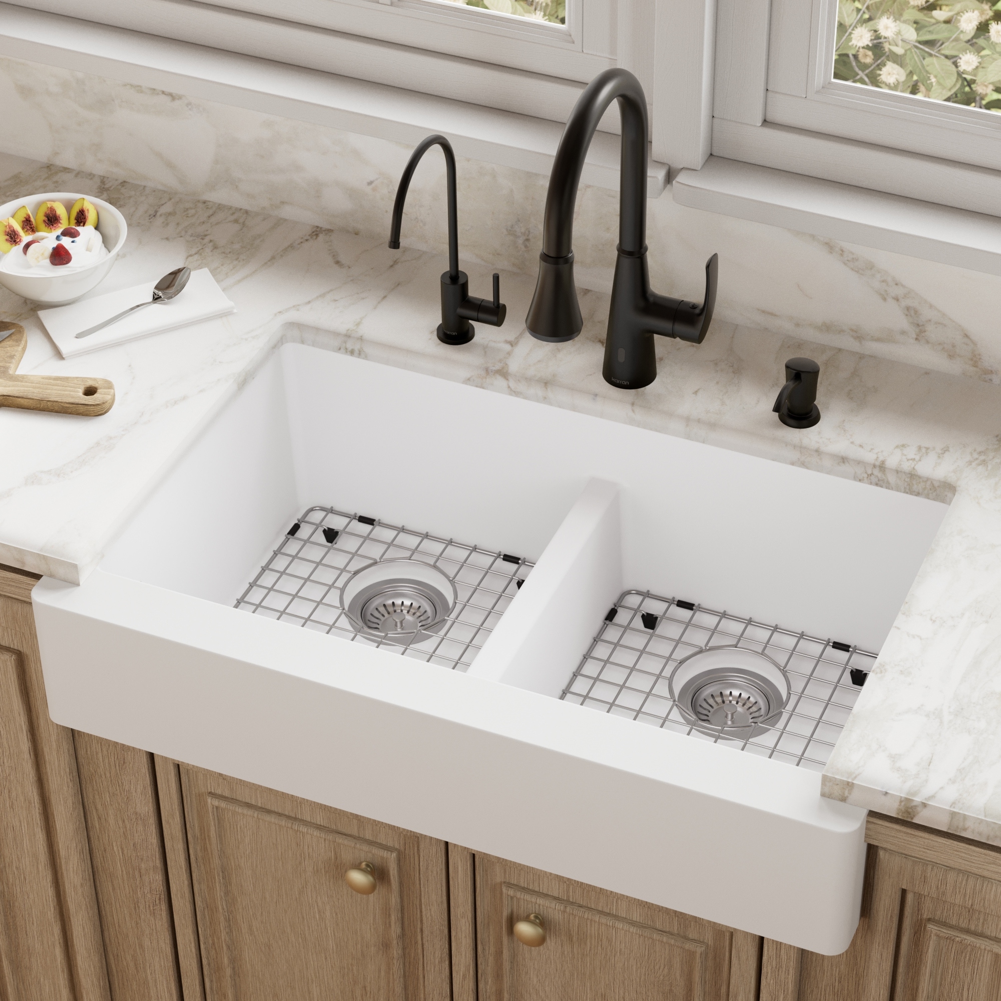 Karran Retrofit Farmhouse Quartz 34 in. Double Bowl 50/50 Sink Kit