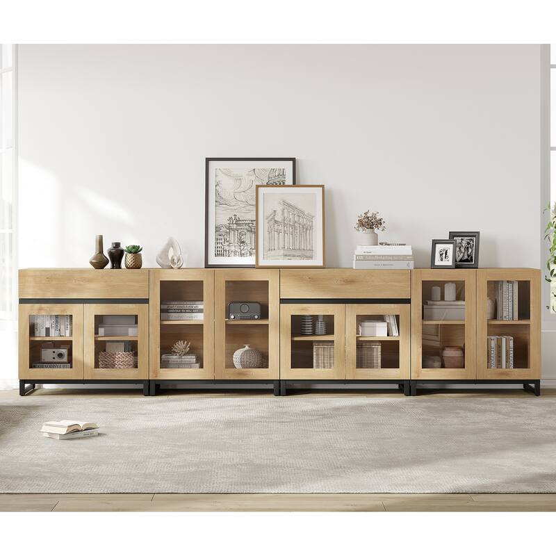 4 in 1 Multifunctional Dresser with Glass Doors & 2 Drawers, Adjustable Shelf & Metal Base Storage Cabinet