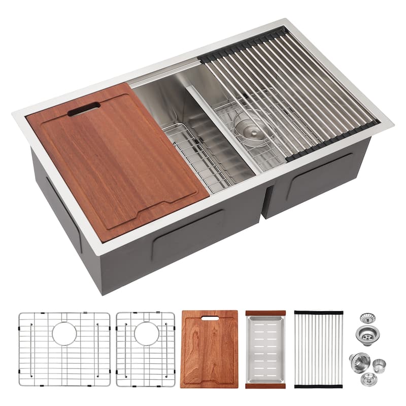 Double Bowl(60/40) Undermount Sink- 33"x19" Double Bowl Kitchen Sink 16 Gauge with Two 10" Deep Basin