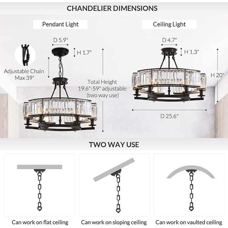 26 in. 6-Light Modern Farmhouse Crystal Chandelier Black Drum Kitchen Island Pendant Light