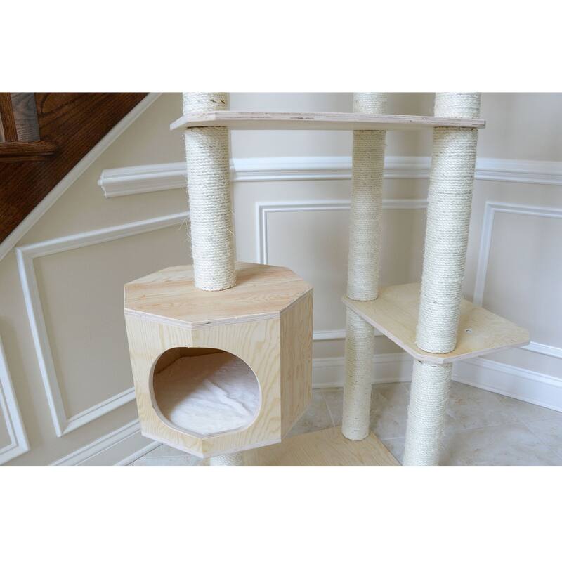 Real Wood Premium Scots Pine 89-Inch Cat Tree with Seven Levels, Two Playhouses - Natural Beige