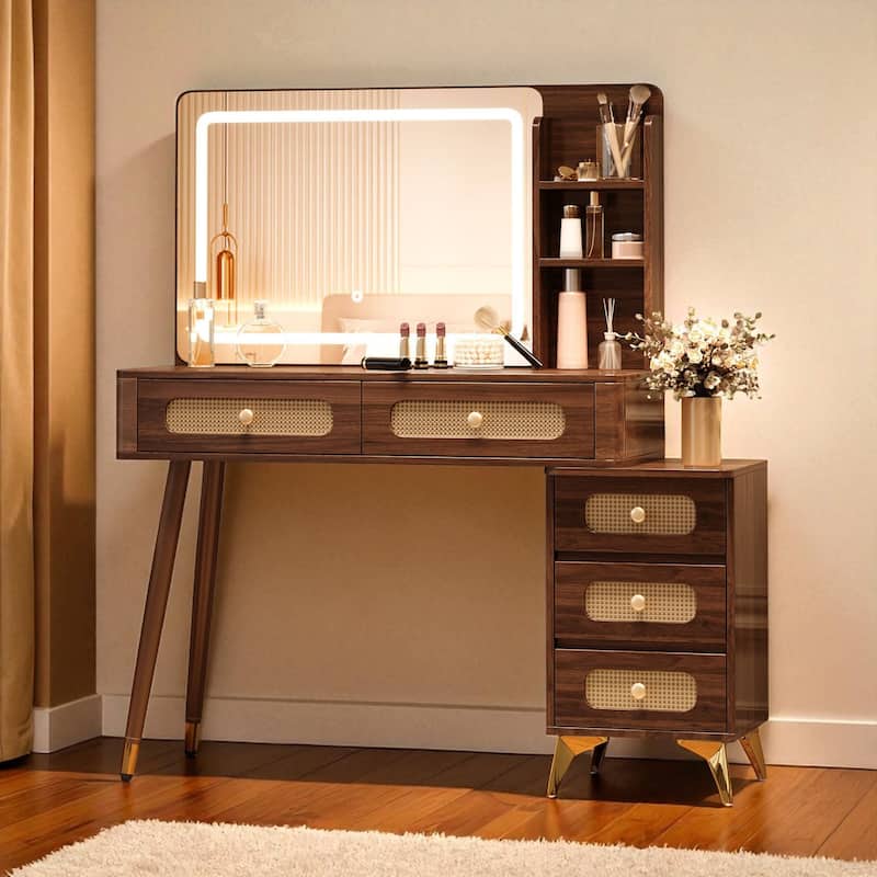 47'' Vintage Makeup Vanity with Mirror and Lights, Dressing Table with 5 Drawers, Storage Shelf & Rattan Design