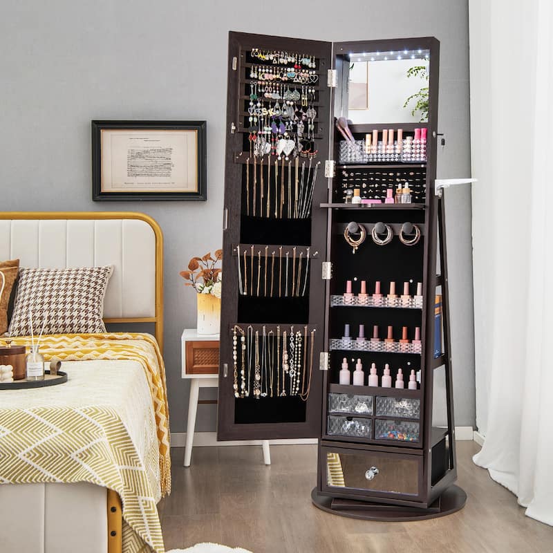 Gymax Swivel Jewelry Cabinet w/ Mirror Jewelry Storage Organizer