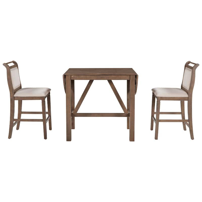 3-Piece Wood Counter Height Dining Table Set with 2 Upholstered Dining Chairs and Drop Leaf Dining Table for Kitchen