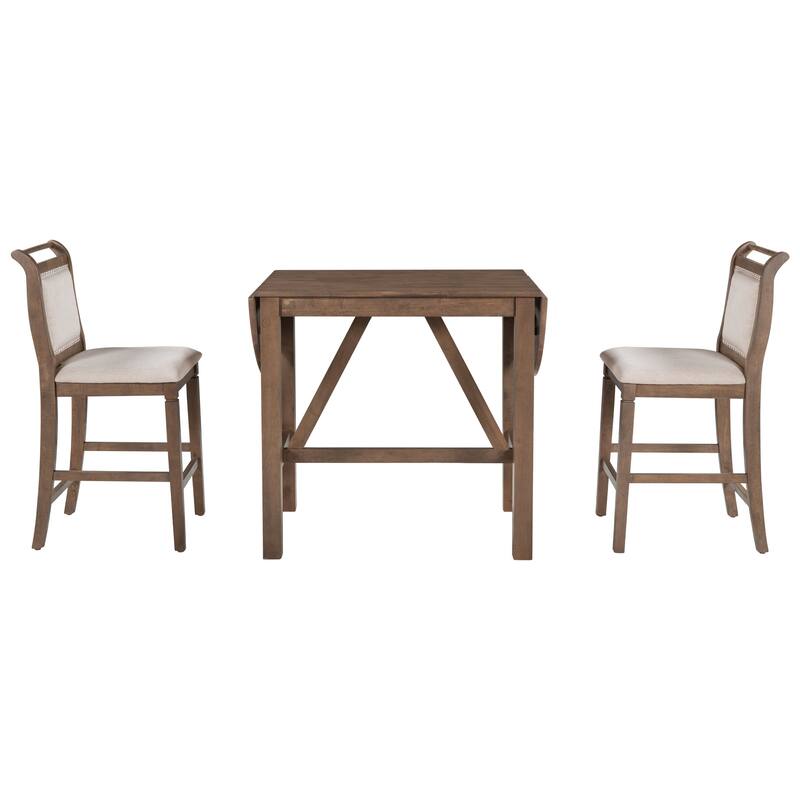 3-Piece Wood Counter Height Drop Leaf Dining Table Set with 2 Upholstered Dining Chairs, Kitchen Island Side Table
