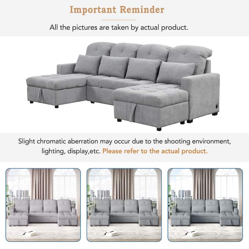 110" Oversized Chenille Convertible U-shaped Sectional Sofa with Pull-out Bed, Double Storage Chaise Lounges, and 2 USB Ports
