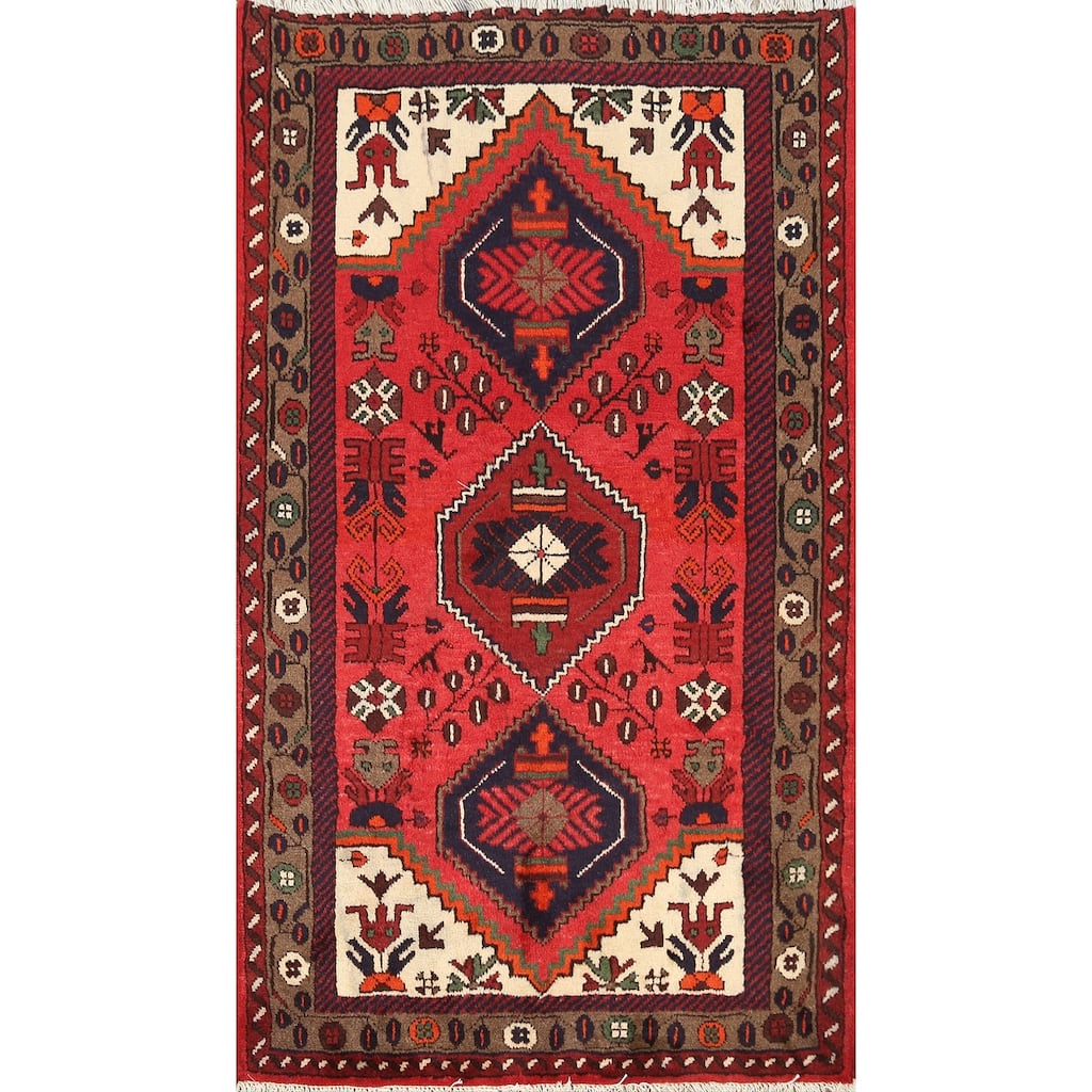Geometric Persian Hamedan Area Rug Wool Hand-knotted Kitchen Carpet - 3'2" x 4'7"
