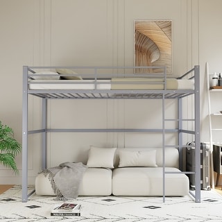 Metal Loft Bed Twin, Loft Bed Frame with Guard Rails and Flat Ladder