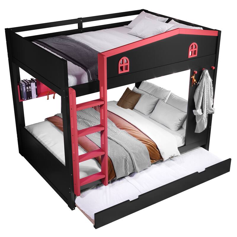 Queen over Queen Bunk Bed Rustic House Bunk Bed with Hooks Storage Shelves, Solid Wood Under-bed Storage Drawers or Trundle