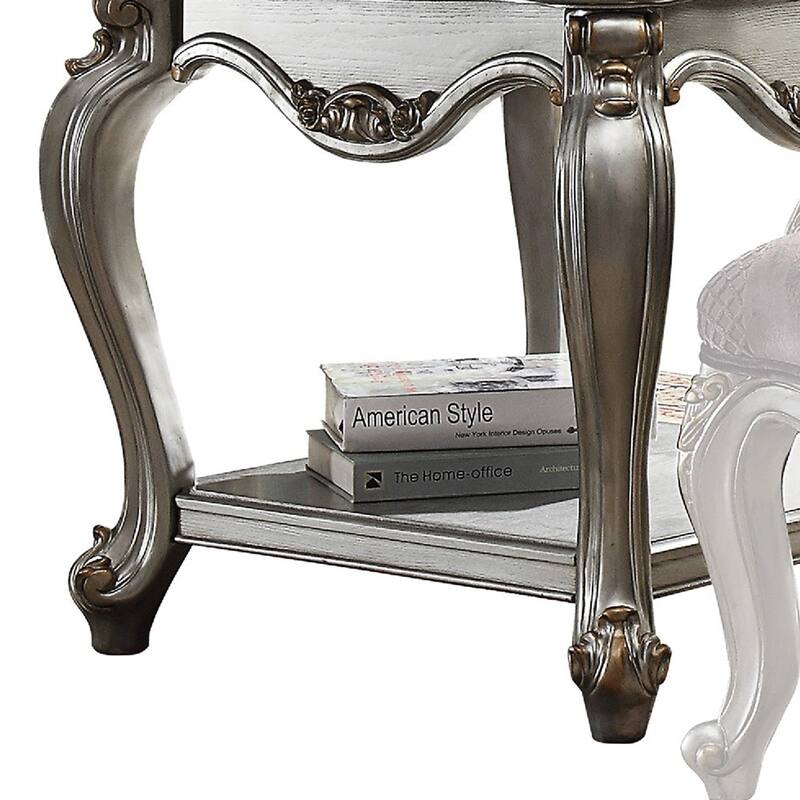 Side End Table, Scalloping, Polyresin Carvings and Bottom Shelf, Silver