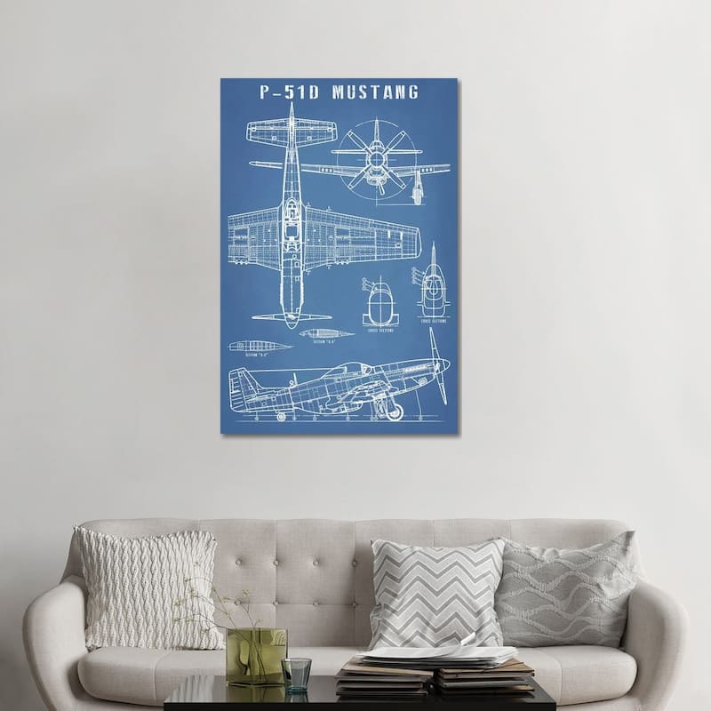 iCanvas "P-51 Mustang Vintage Airplane Blueprint" by Action Blueprints Canvas Print - 48x32x1.5