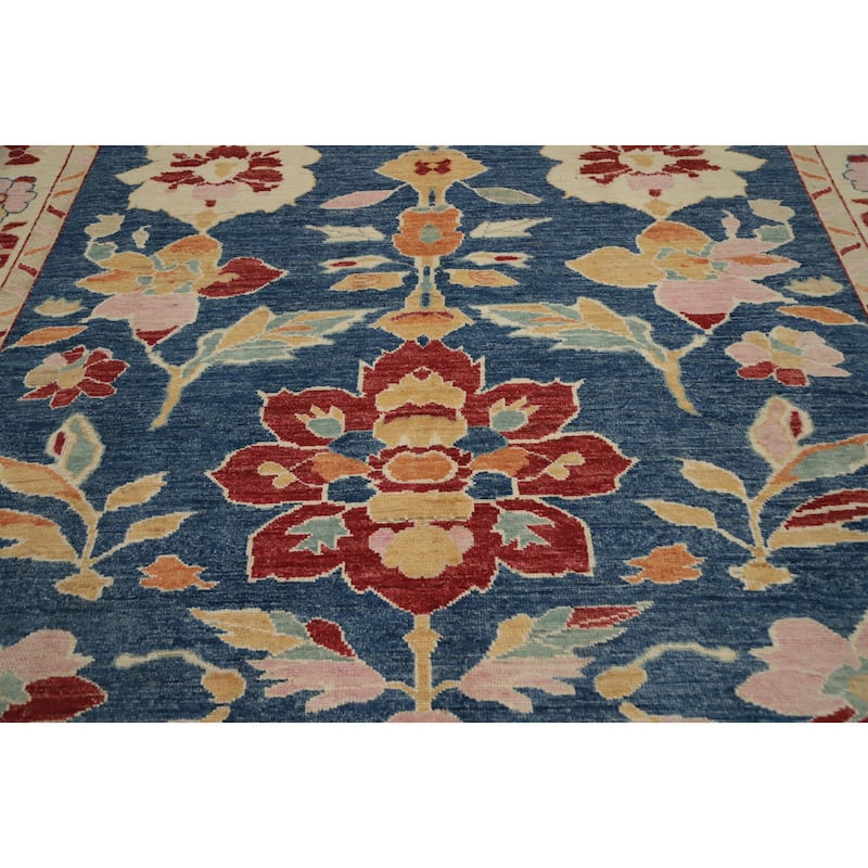 Hand Knotted Oriental 100% Wool Carpet Transitional Floral Navy Blue & Blues Oushak Area Rug - 9' 10'' X 8' 4''
