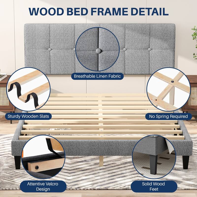 Wood Platform Bed Wood Bed Frame with Headboard, No Box Spring Needed