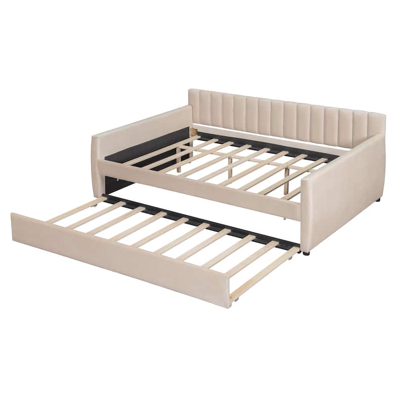 Full Size Upholstered Daybed with Trundle and Wood Slat Support