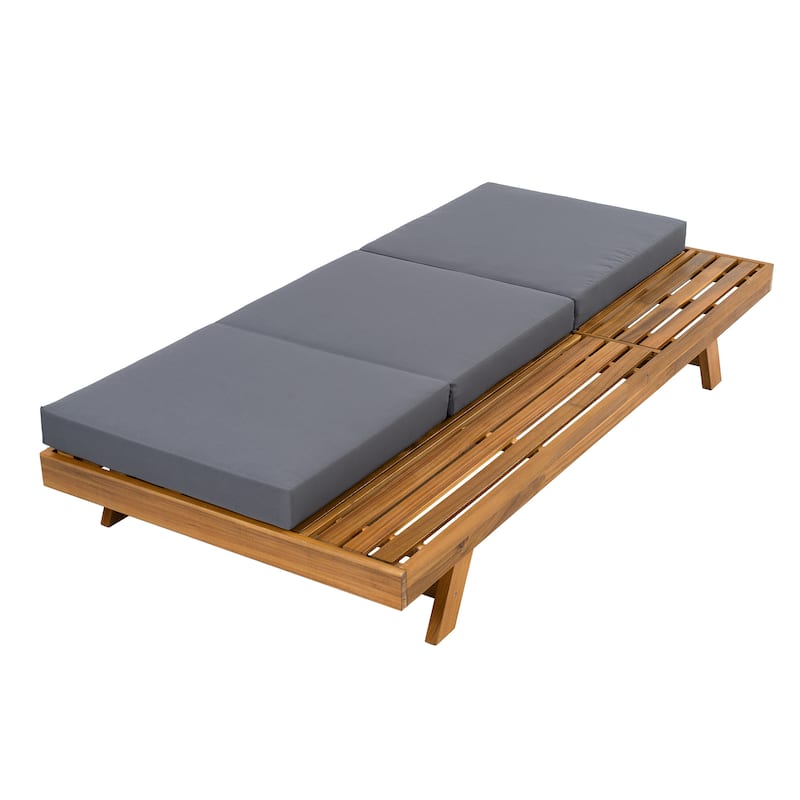 One-sided Open Storage Lounge Chairs Outdoor Patio Acacia Wood Chaise Lounge with Adjustable Backrest & Water-repellent Cushions