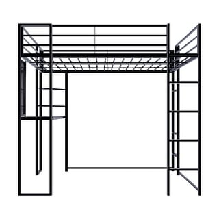 Full Size Metal Loft Bed with Long Desk & Guardrails