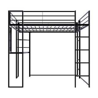 Full Size Metal Loft Bed, Long Desk, Wooden Shelves, Guardrails, Built-in Ladders